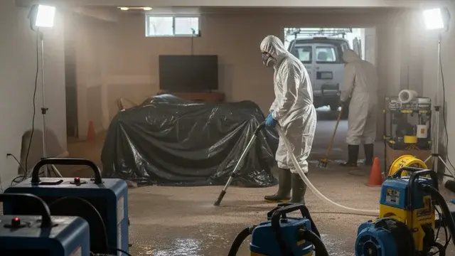 Water damage restoration crew working in a Arbutus, MD home