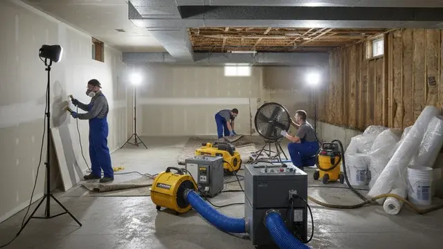 Water damage restoration crew working in a Pasadena, MD home