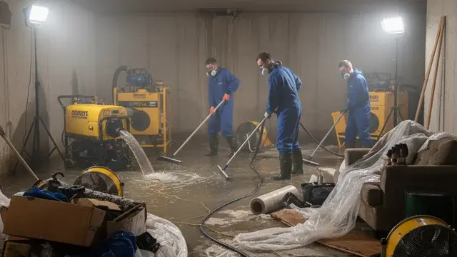 Crew cleaning up a flooded basement in a Baltimore home after heavy rain