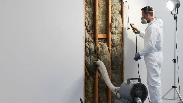 Technician inspecting wet insulation and hidden water damage behind a wall in Baltimore