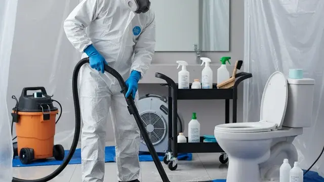 Bathroom cleanup and sanitization after a toilet overflow in a Baltimore home