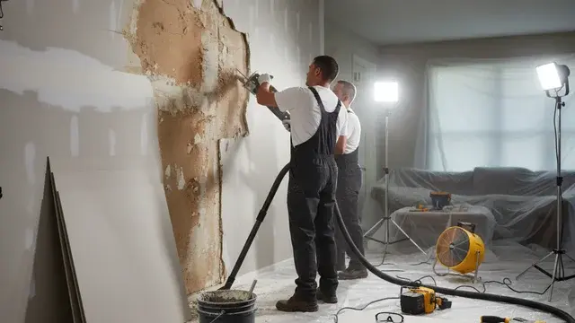 Technician assessing water-damaged drywall in a Baltimore home