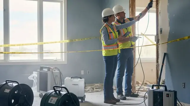 Restoration crew documenting water damage for an insurance claim in a Baltimore property