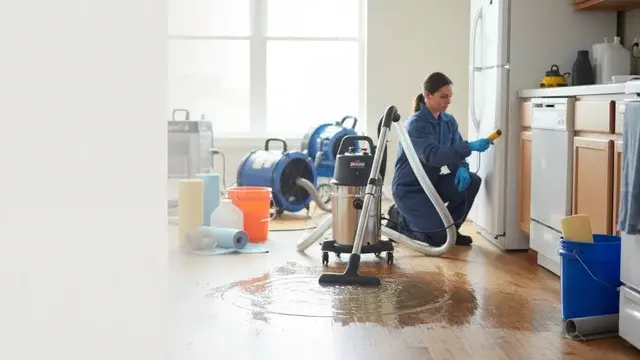 Appliance leak cleanup technician responding to a Baltimore kitchen leak