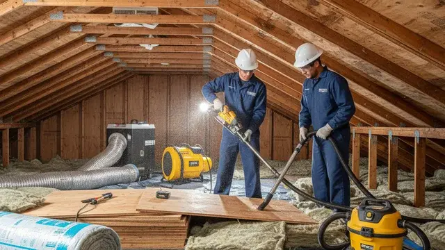 Attic water damage repair crew working among rafters in a Baltimore home