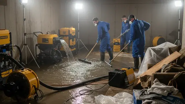 Basement flood cleanup crew removing water in a Baltimore basement
