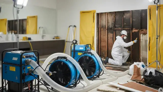 Bathroom water damage restoration with drying equipment in a Baltimore home