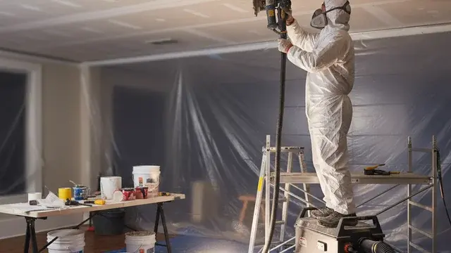 Ceiling water damage repair technician with containment in a Baltimore home