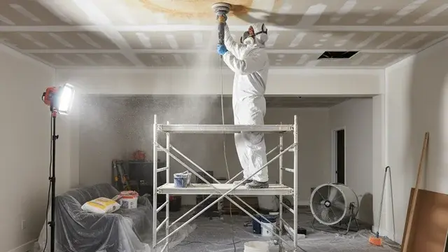 Scaffolded ceiling repair after water damage in Baltimore, MD