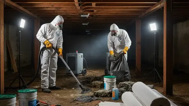 Crawl space water damage cleanup crew in PPE in a Baltimore home