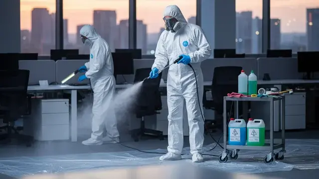 Disinfecting and sanitization crew in PPE in a Baltimore commercial space
