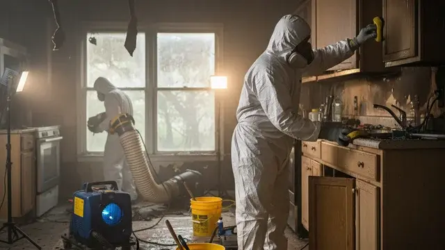 Fire and smoke damage restoration crew cleaning a Baltimore kitchen