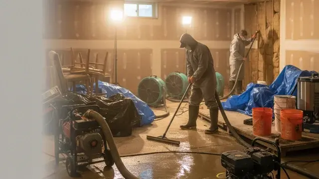 Flood cleanup crew in a Baltimore basement after storm flooding
