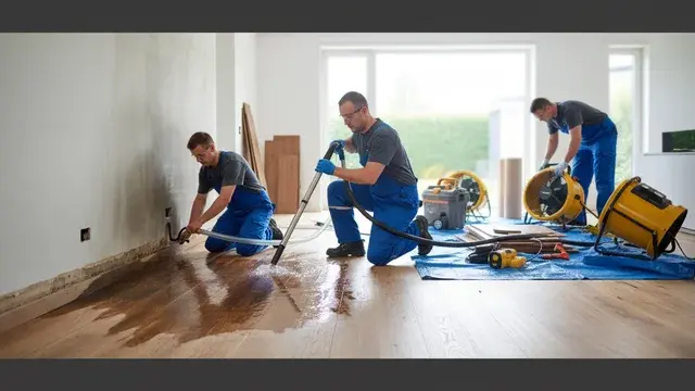 Floor water damage repair crew on wet hardwood in a Baltimore home