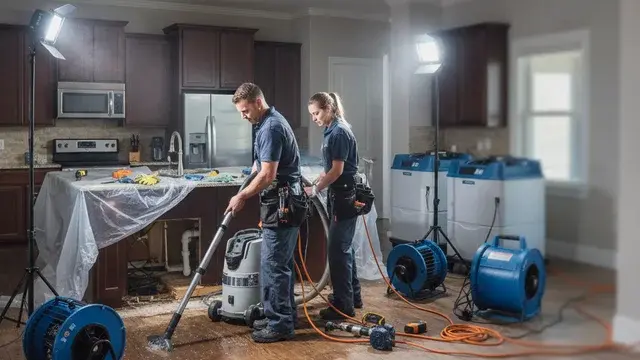 Kitchen water damage restoration crew with drying equipment in a Baltimore home