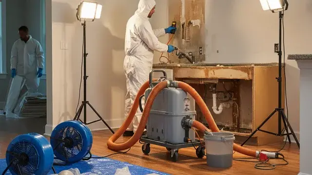 Kitchen cabinet and subfloor drying after a water leak in Baltimore, MD