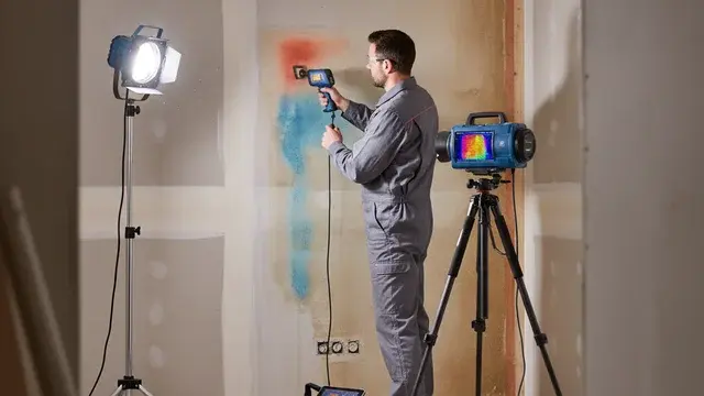 Technician using a thermal imaging camera during a moisture inspection in Baltimore