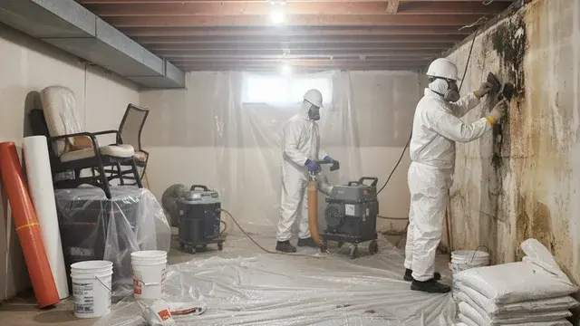 Mold remediation team in full PPE working on visible mold in a Baltimore home
