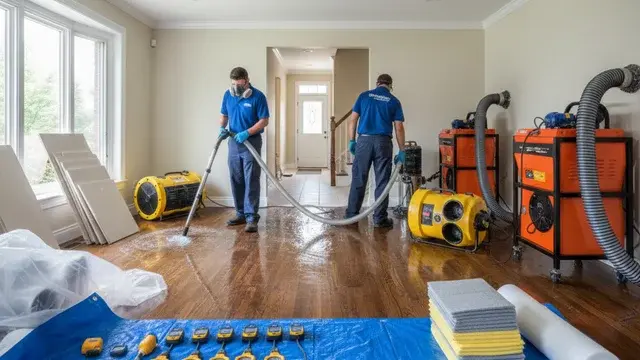 Residential water damage restoration crew in a Baltimore home