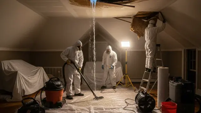 Technician responding to an active roof leak in a Baltimore property