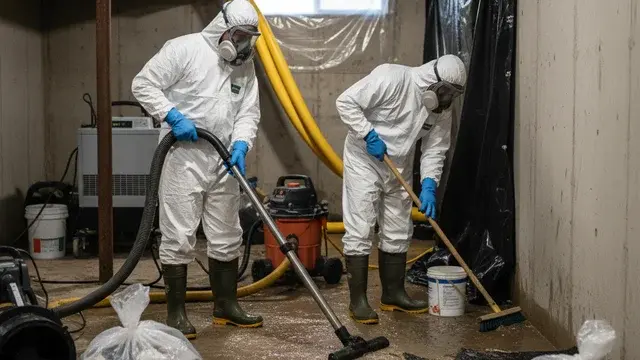 Sewage cleanup technicians in full PPE performing Category 3 water remediation in Baltimore