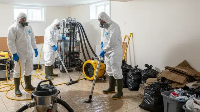 Biohazard sewage cleanup crew in PPE with containment in a Baltimore home