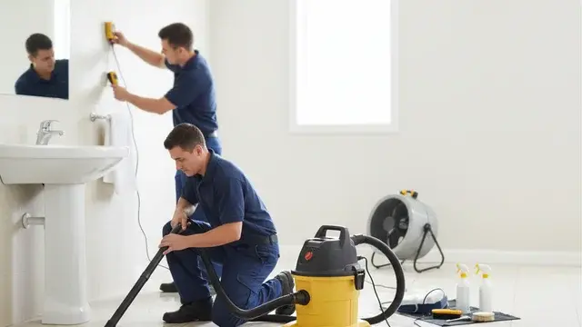 Sink overflow cleanup technicians removing water in a Baltimore home
