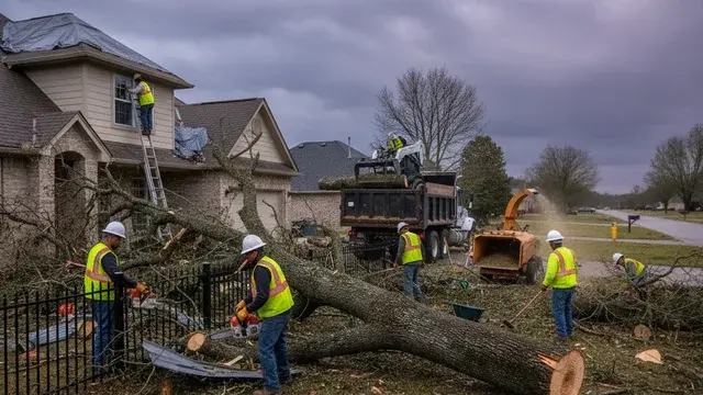 Storm damage cleanup crew working on a tree-damaged Baltimore home after severe weather