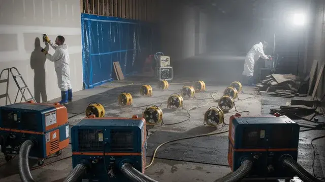 Industrial air movers and dehumidifiers drying a water-damaged Baltimore room