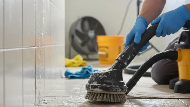 Close-up of grout cleaning during tile water damage restoration in Baltimore