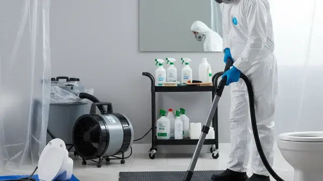 Sanitizing and drying a Baltimore bathroom after a toilet overflow